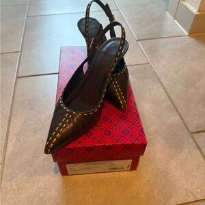 Tory Burch Black Heels with Yellow Stitching